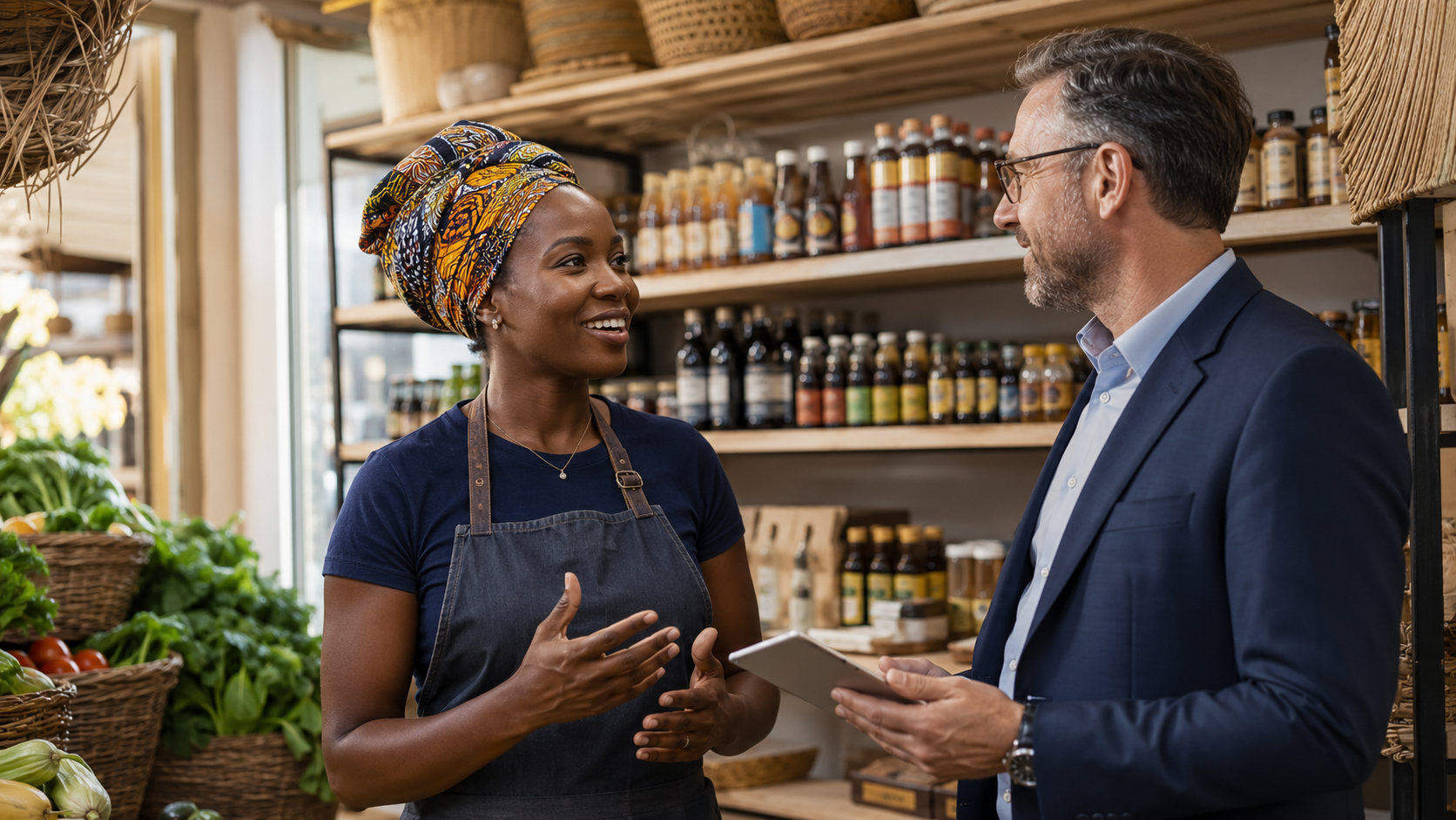 A local entrepreneur in conversation with an international business advisor