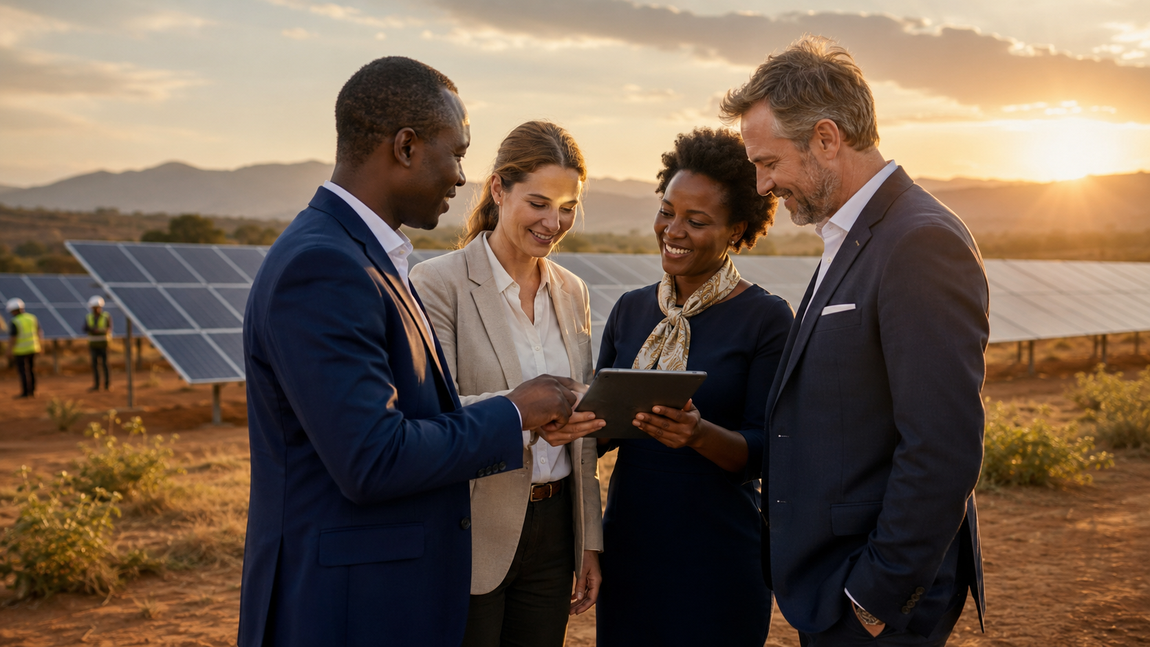 African and European partners reviewing a solar energy project